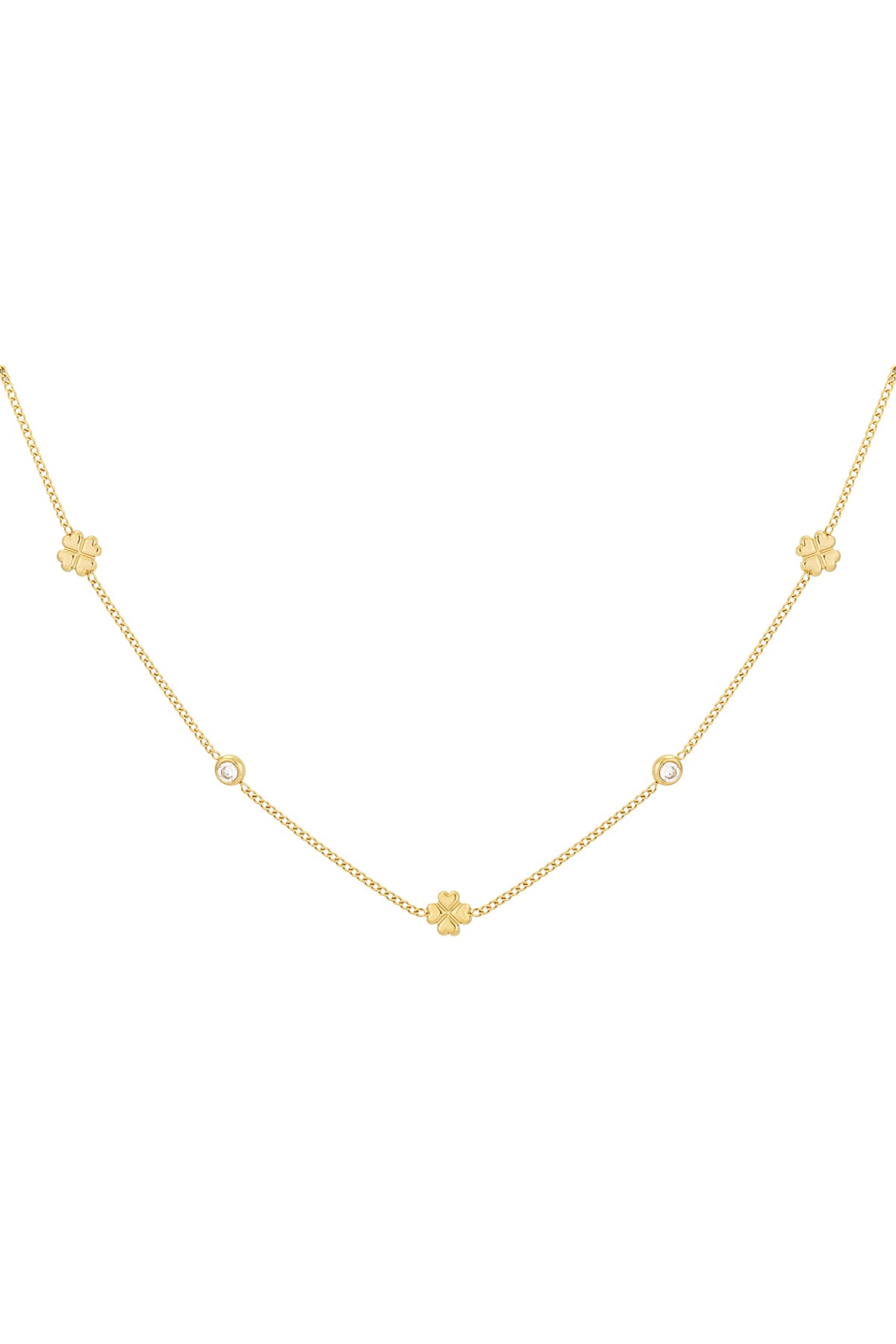 Gold-tone delicate chain necklace with spaced four-leaf clover charms and rhinestones on a white background