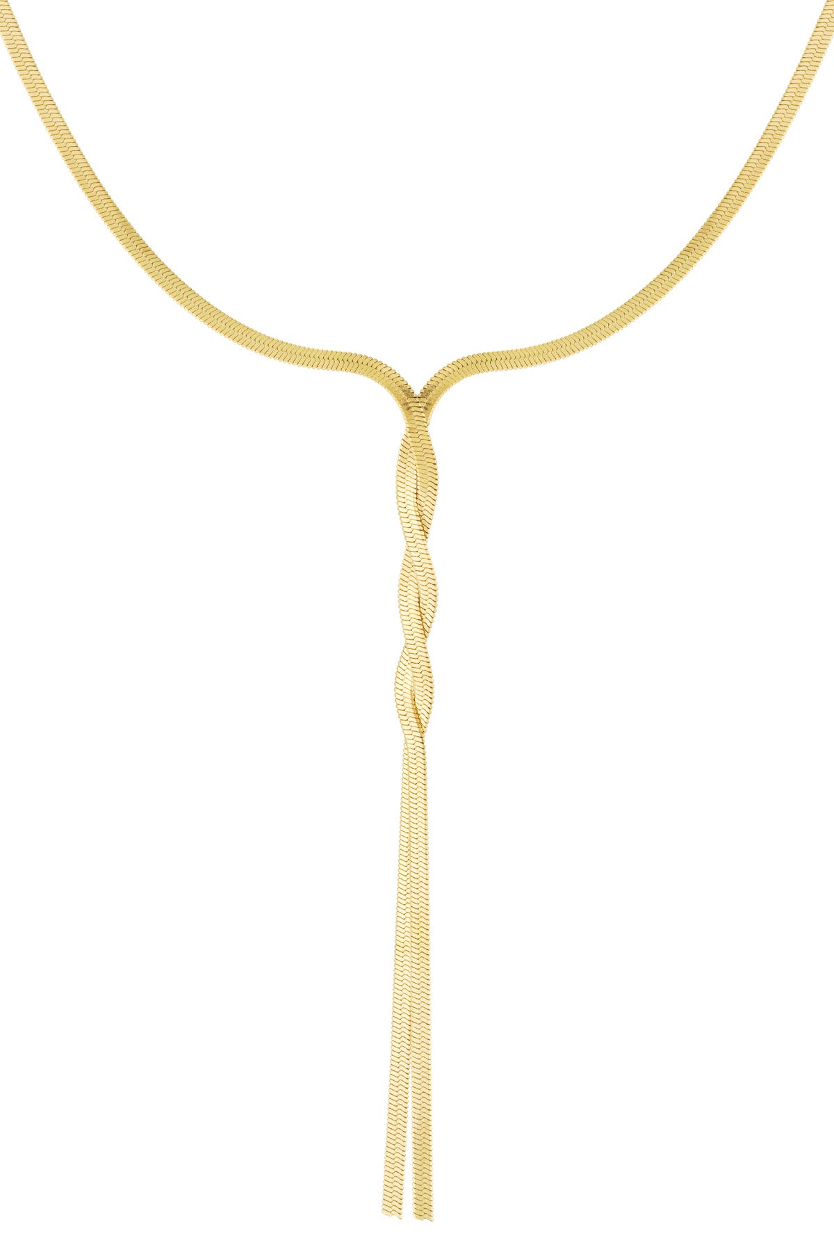 Close-up on elegant gold twist necklace with tassel ends against white background