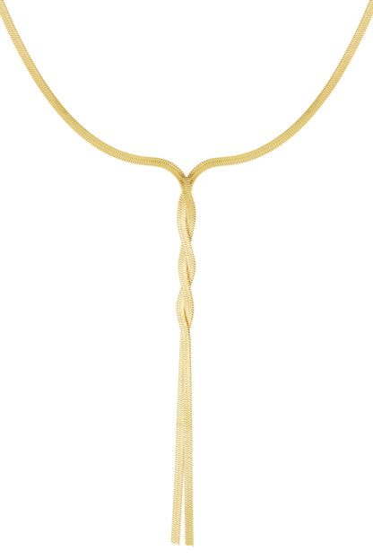 Close-up on elegant gold twist necklace with tassel ends against white background