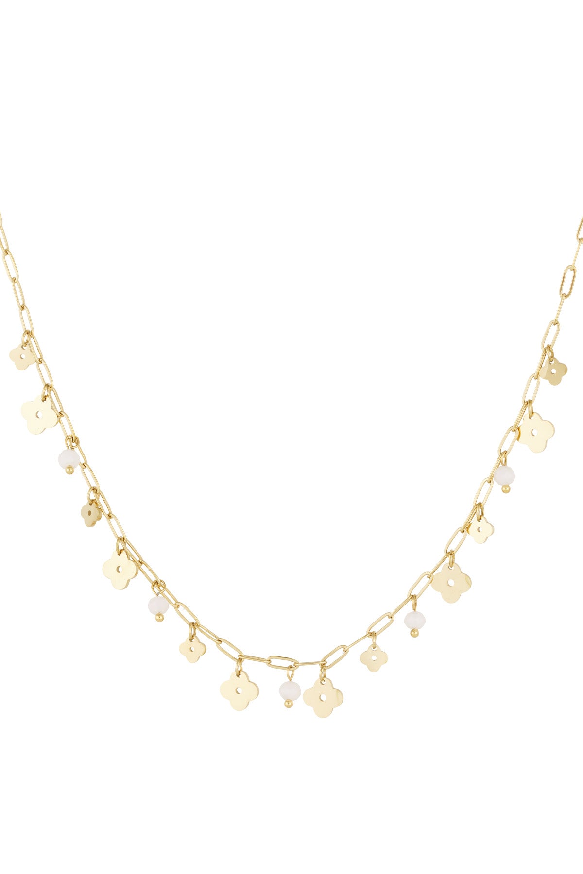 Gold-tone delicate charm necklace featuring clover charms and white bead accents on a white background