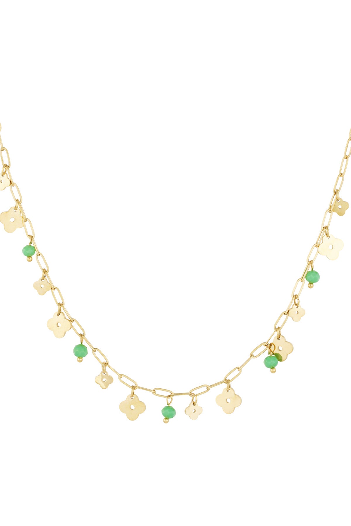 Close-up of gold-tone delicate chain necklace with small clover charms and green bead accents on a white background