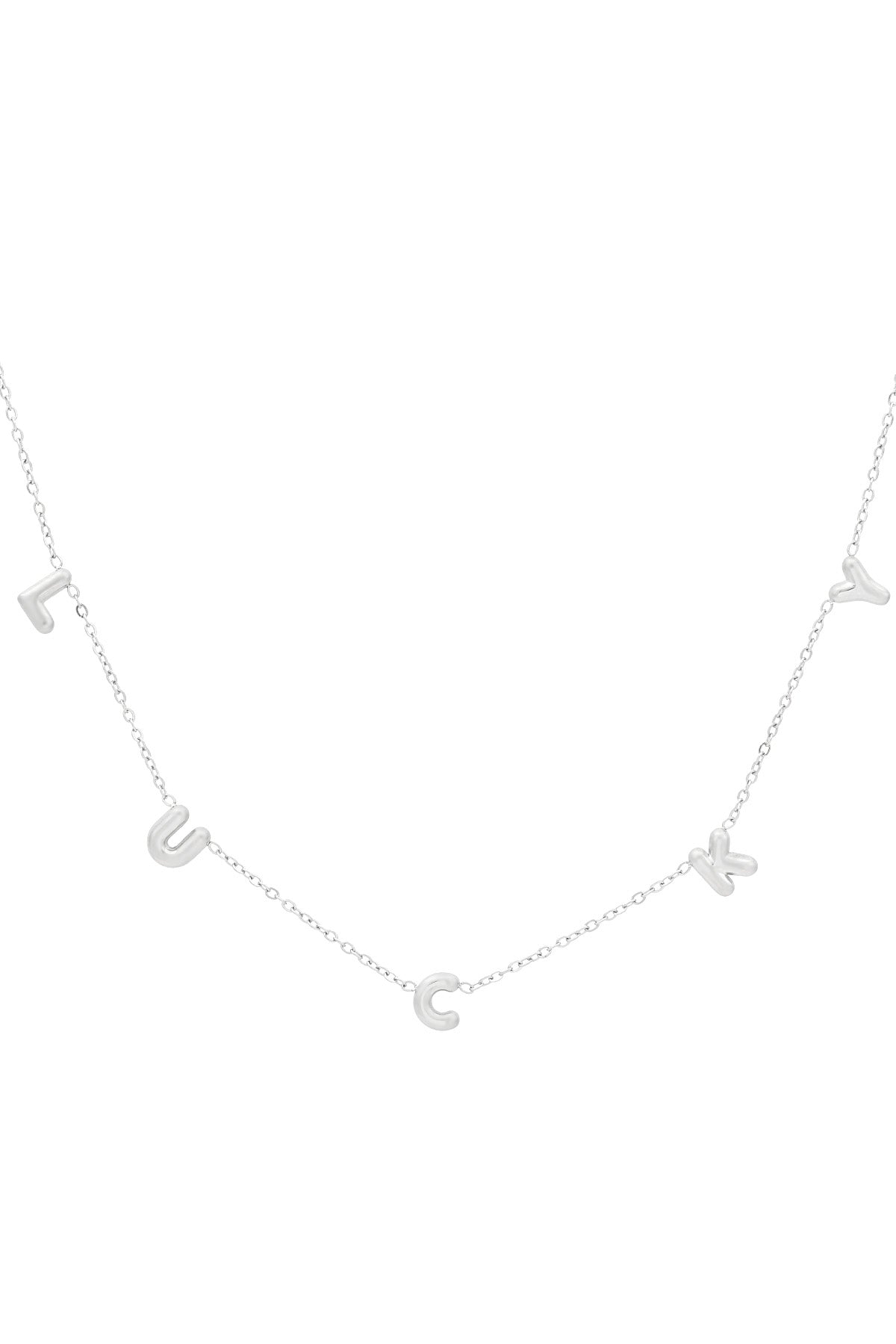 Silver letter pendant necklace spelling LUCKY on a white background