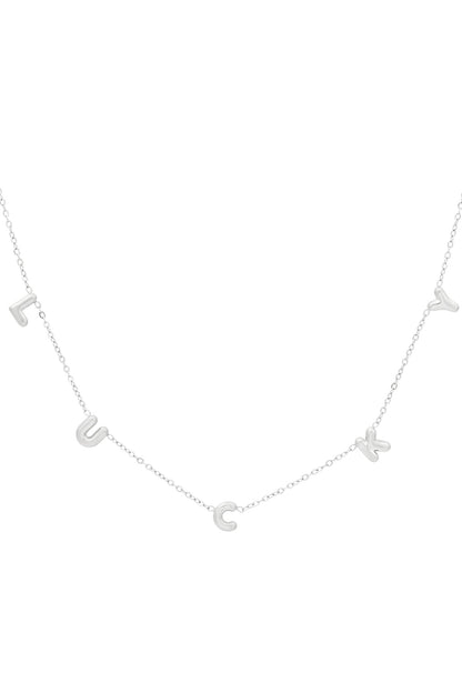 Silver letter pendant necklace spelling LUCKY on a white background