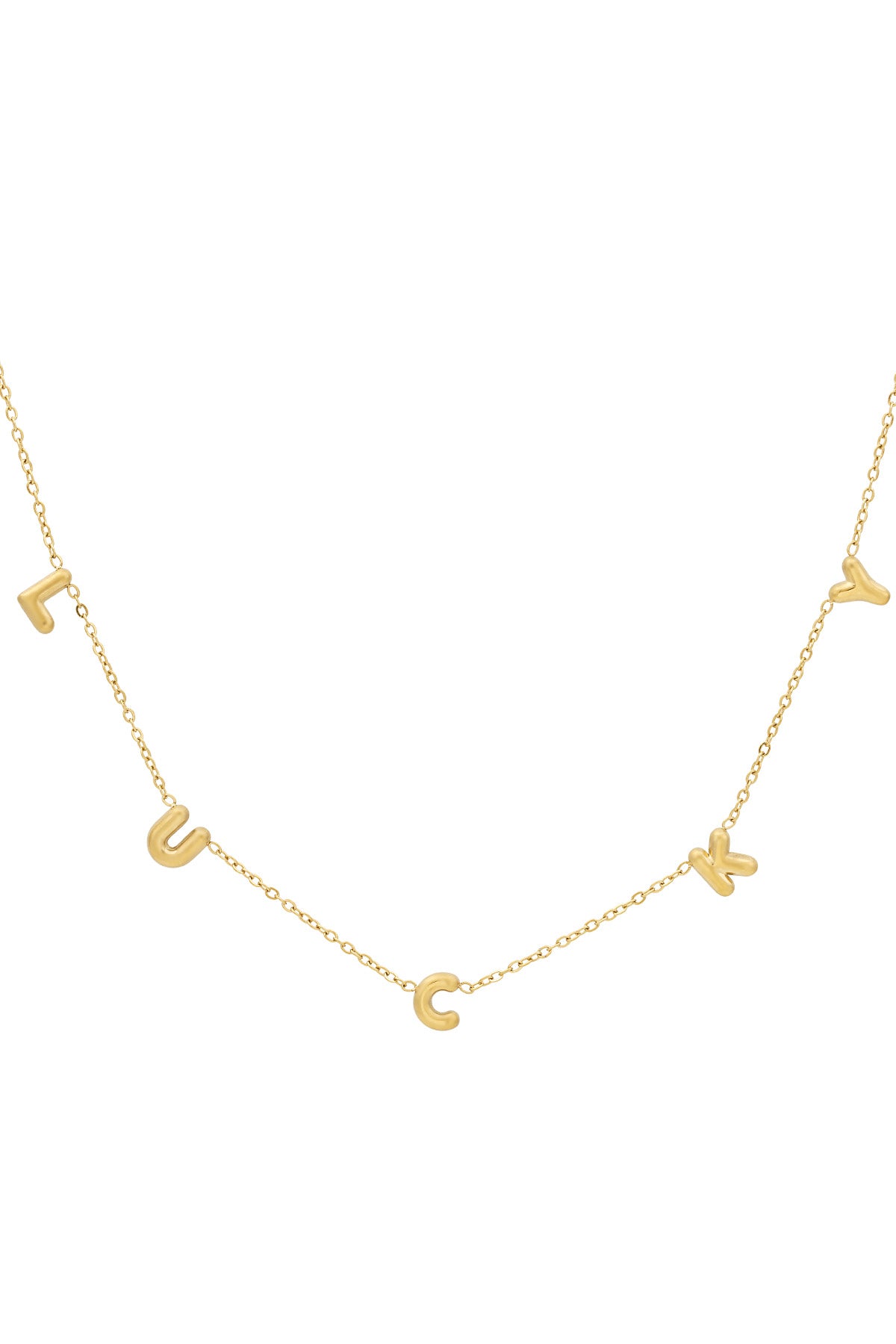 Gold letter pendant necklace spelling LUCKY on a white background