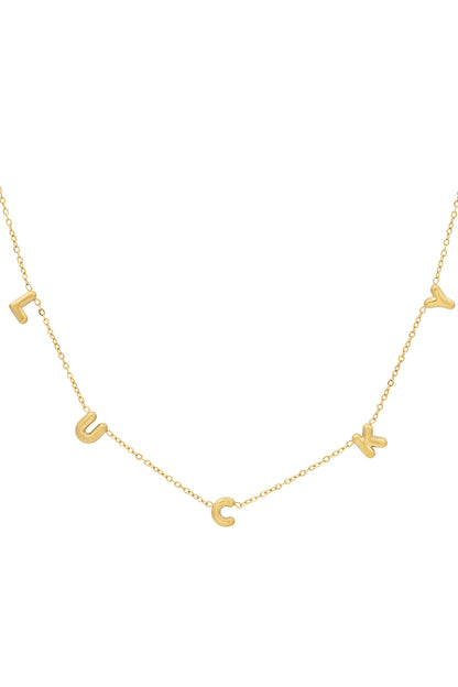 Gold letter pendant necklace spelling LUCKY on a white background