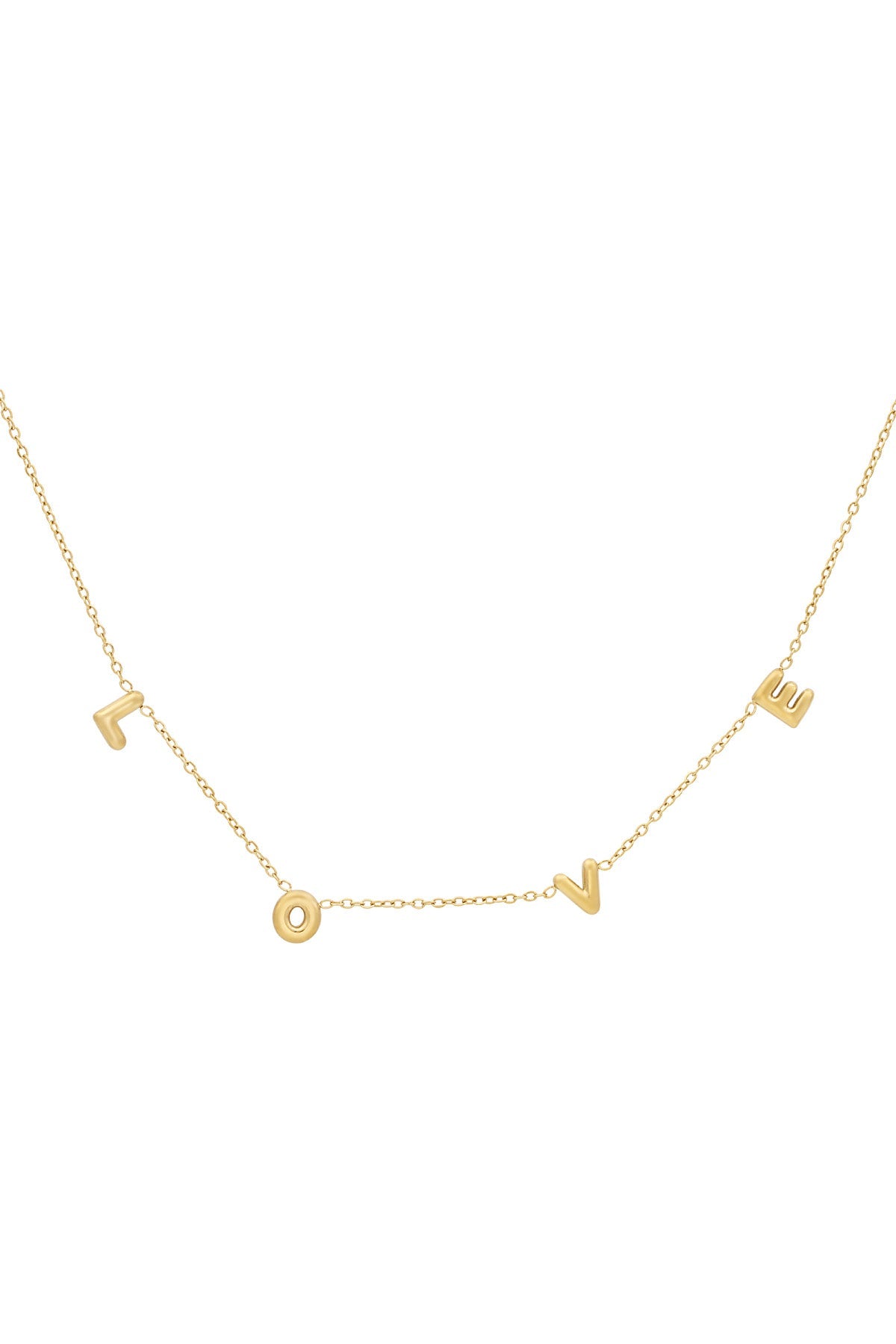 Gold necklace with chain and individual letter charms spelling LOVE on a white background