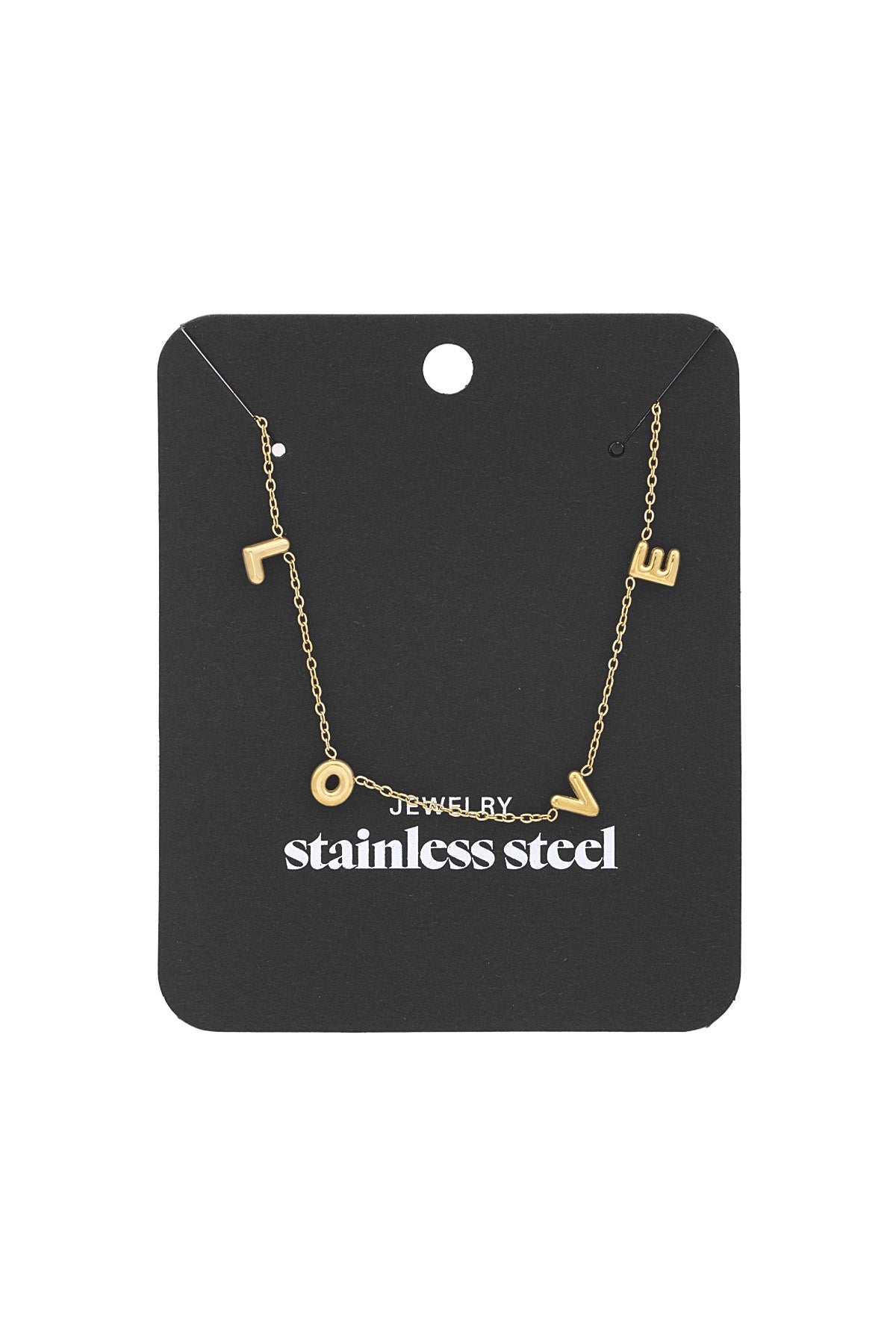 Gold LOVE necklace displayed on black packaging card labelled stainless steel