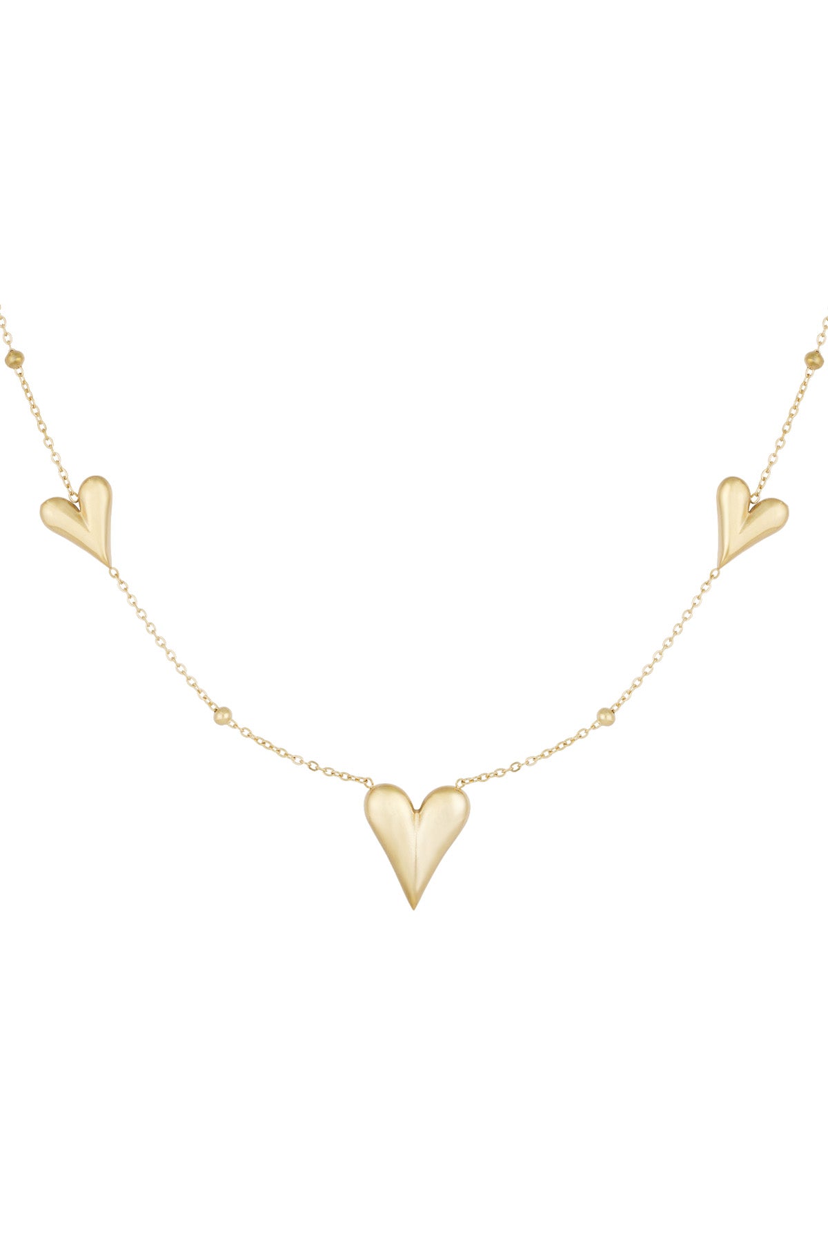 Gold necklace with three heart-shaped charms and small bead accents on a fine chain