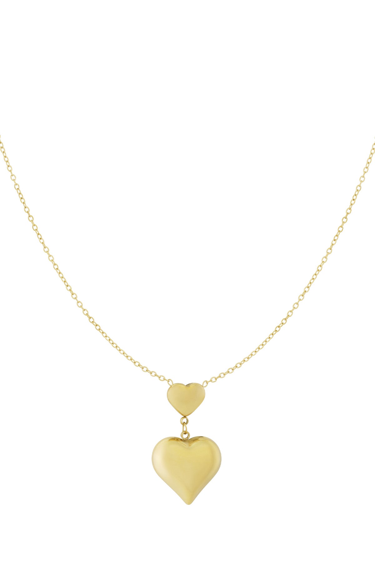 Gold double heart pendant necklace with a small heart connected above a larger heart on a fine chain, displayed on white background