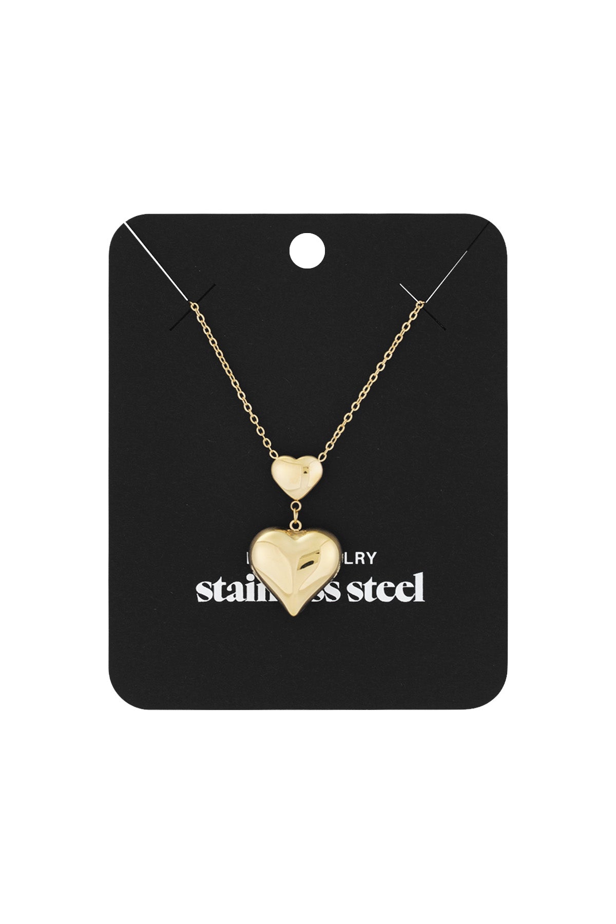 Gold double heart pendant necklace displayed on black branded card with stainless steel jewellery text