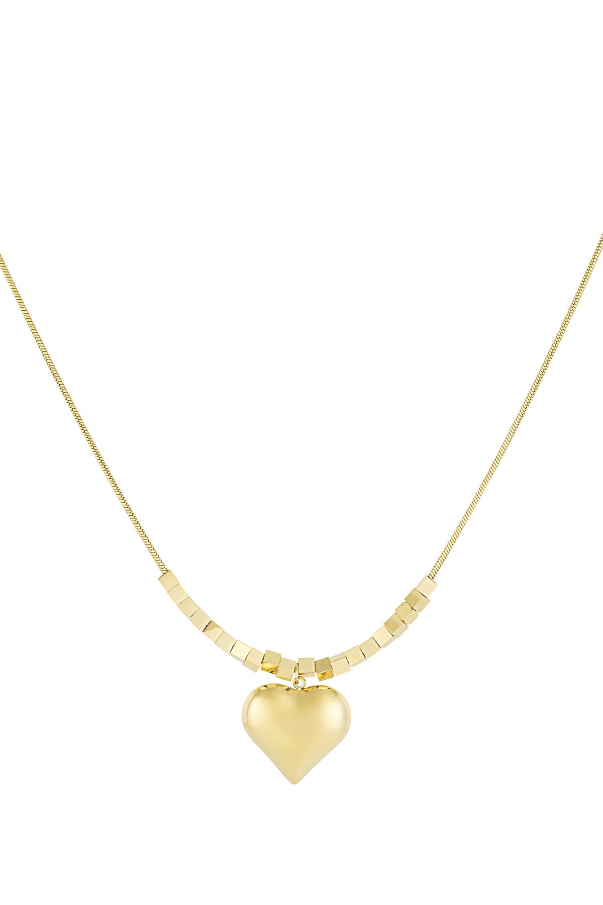 Gold chunky heart pendant necklace with cube bead chain on white background