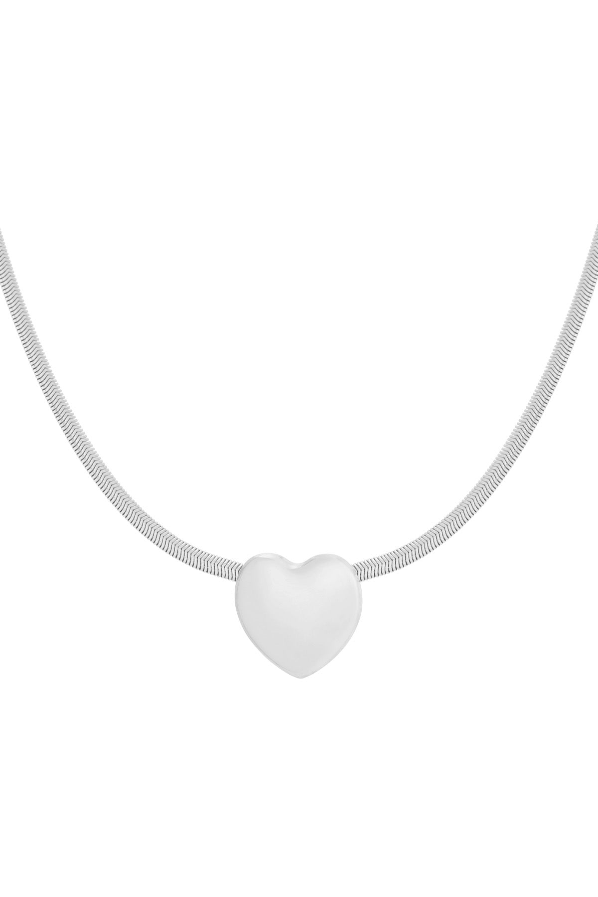 Silver-tone heart pendant necklace on a white background highlighting sleek, smooth design and fine snake chain.