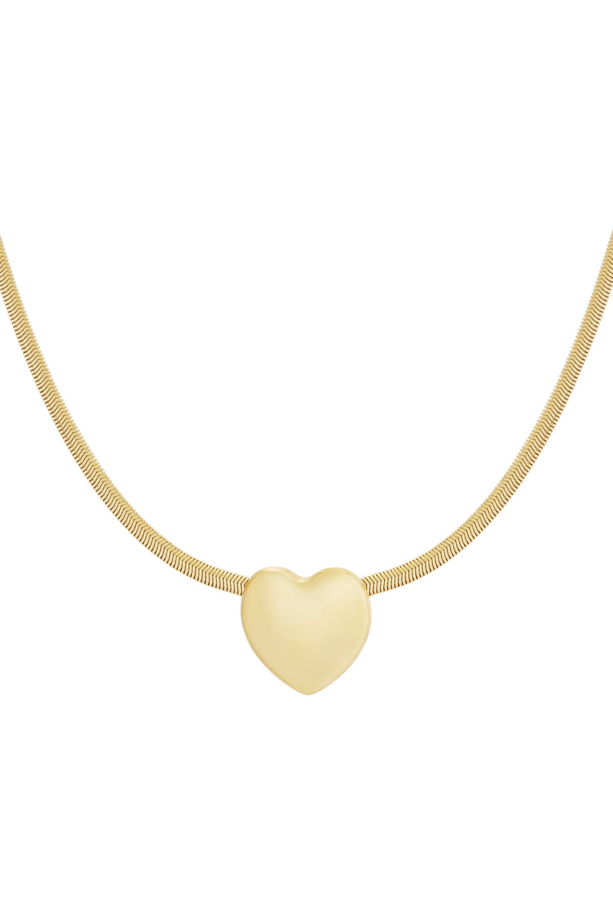 Close-up of a gold-tone heart pendant necklace with a smooth finish on a fine snake chain.