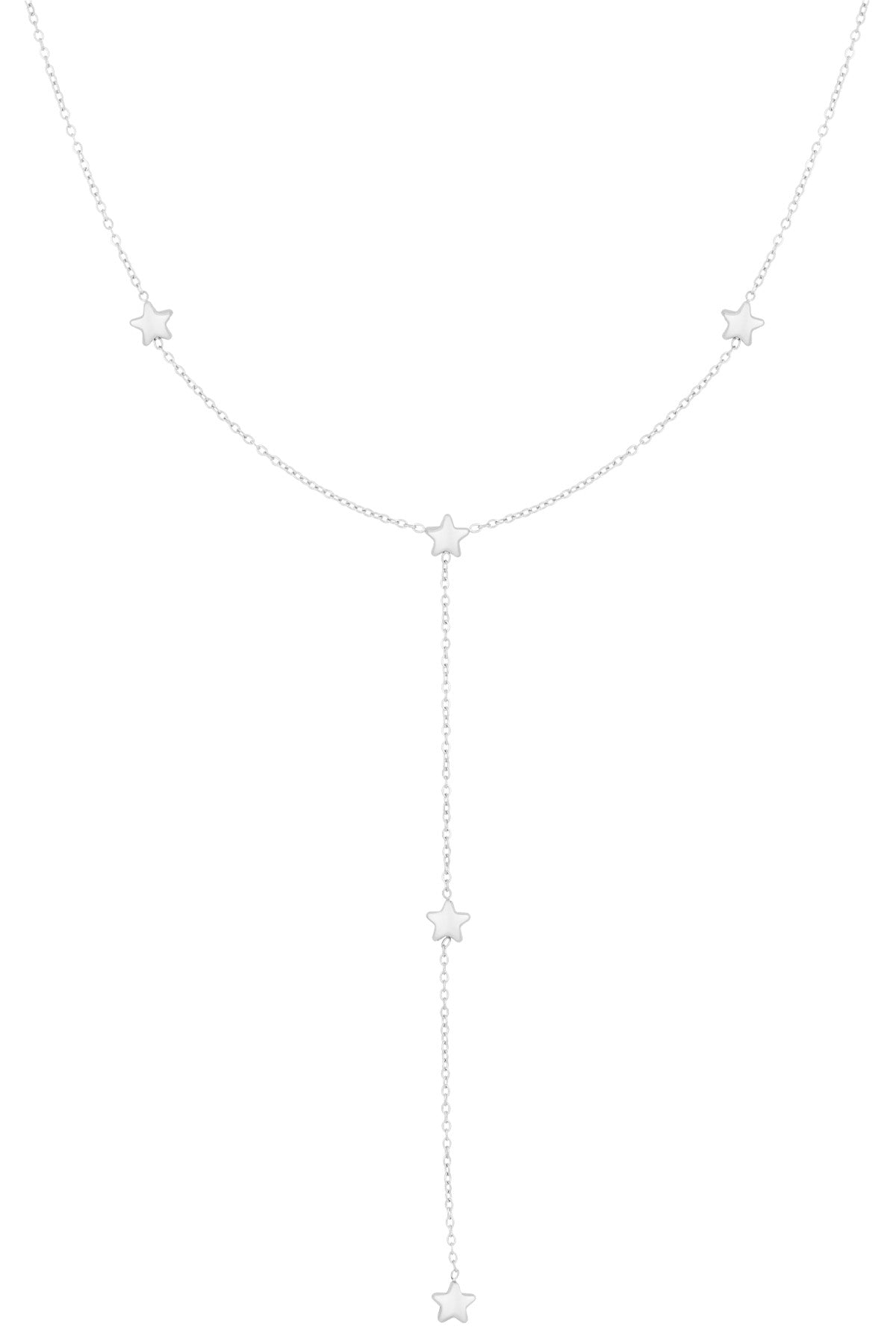 Silver star charm lariat necklace with small star charms on thin chain against white background