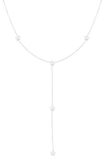 Silver star charm lariat necklace with small star charms on thin chain against white background