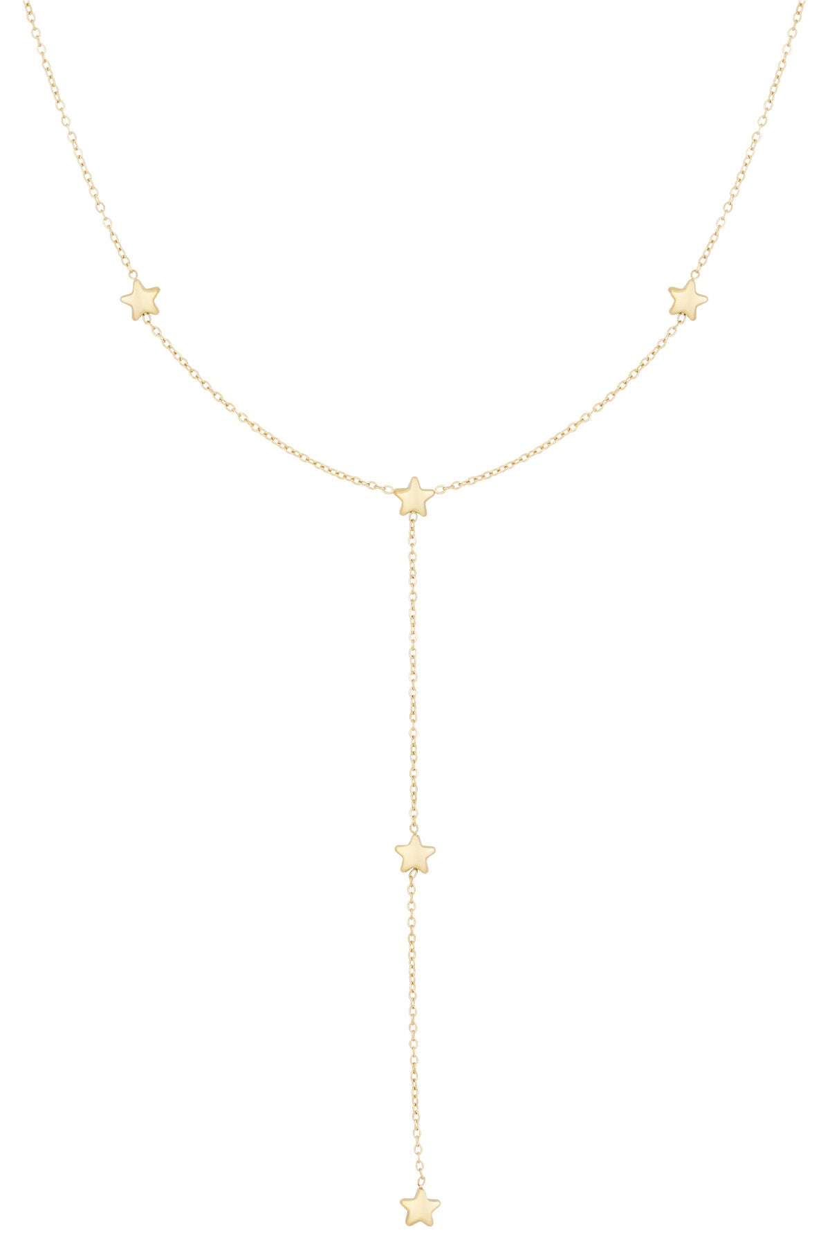 Close-up of delicate gold lariat necklace with small star charms on thin chain