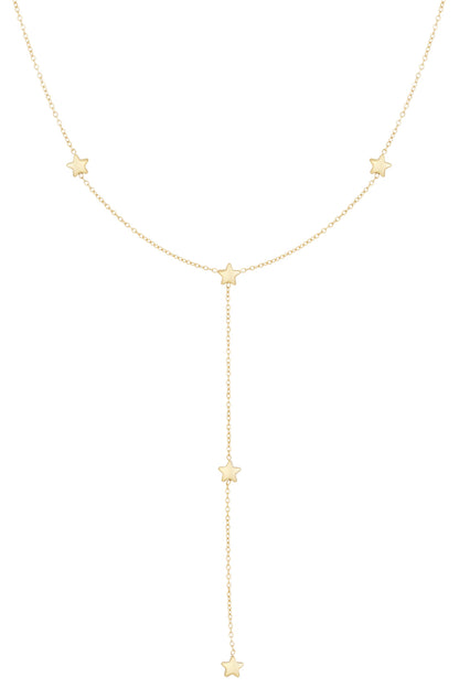 Close-up of delicate gold lariat necklace with small star charms on thin chain