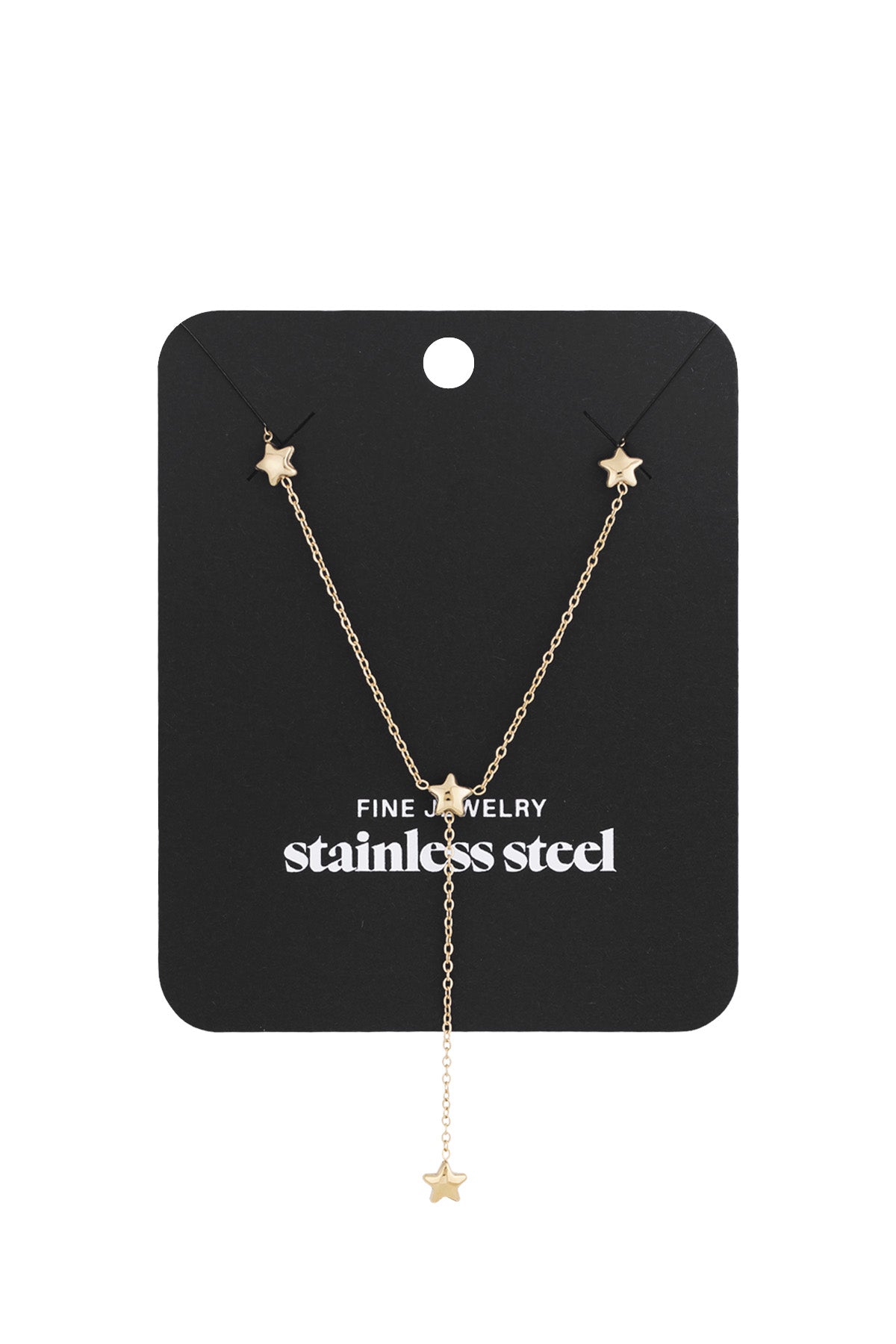 Gold star charm lariat necklace displayed on black jewelry card labelled stainless steel