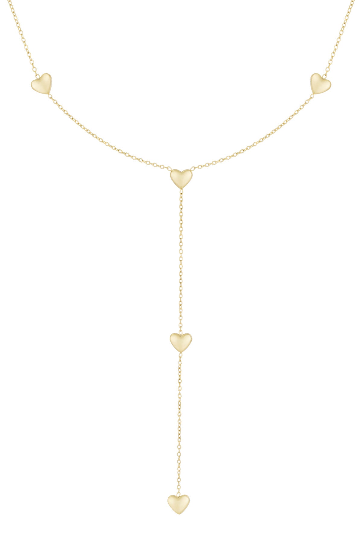 Gold tone delicate heart drop necklace with multiple heart charms and lariat chain design on a white background