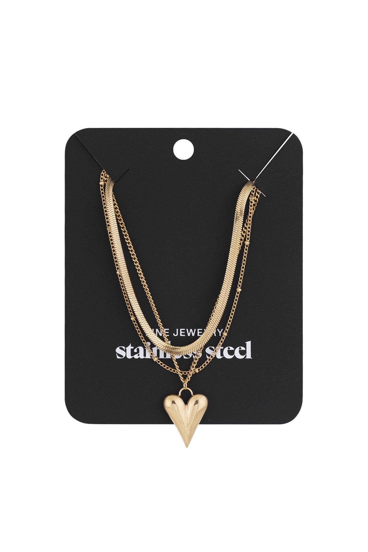 Gold heart layered necklace displayed on black jewelry card with stainless steel label