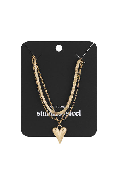 Gold heart layered necklace displayed on black jewelry card with stainless steel label