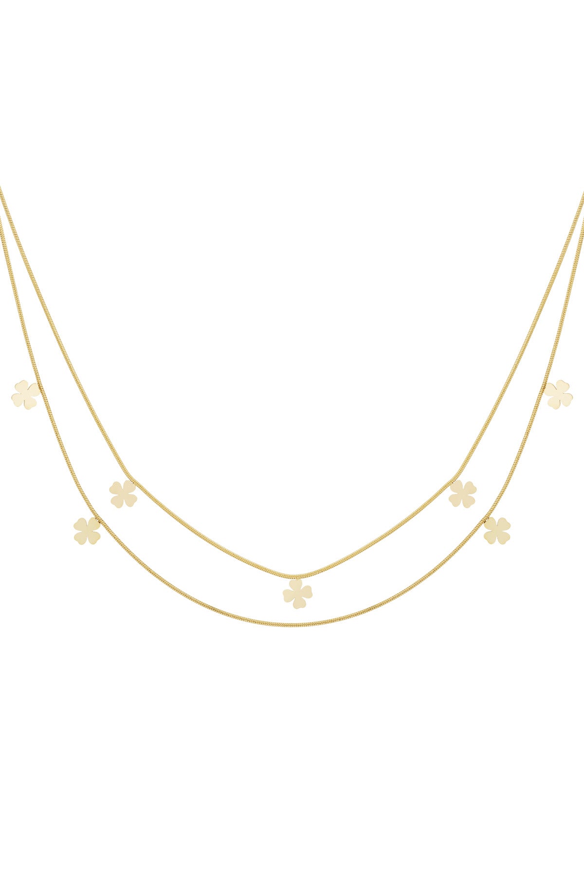Double-layer gold necklace with small four-leaf clover charms evenly spaced on delicate chains