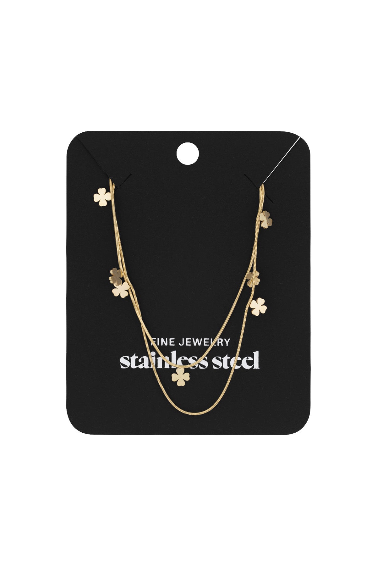 Gold-tone double-layer clover necklace displayed on black jewelry card with fine stainless steel label