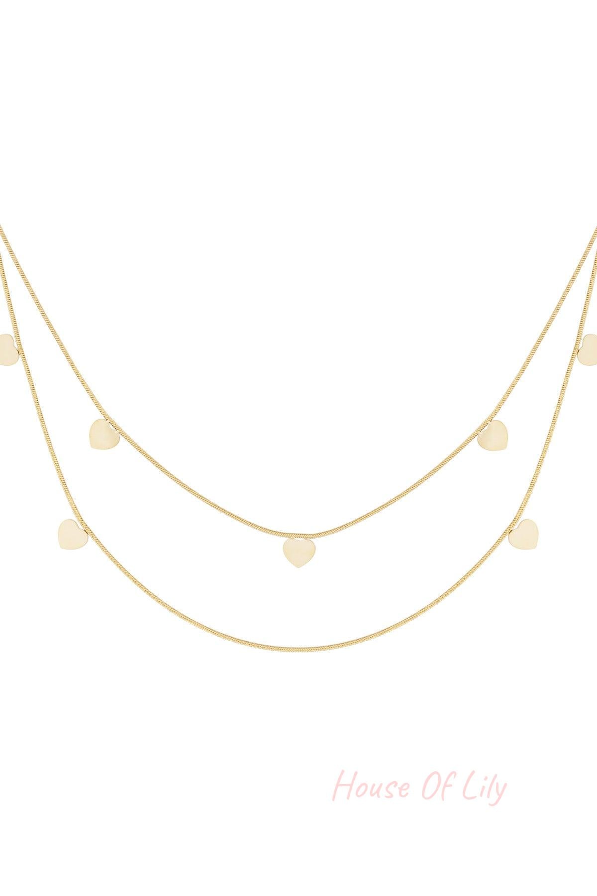 Gold layered necklace featuring two fine chains adorned with small heart-shaped charms on a white background