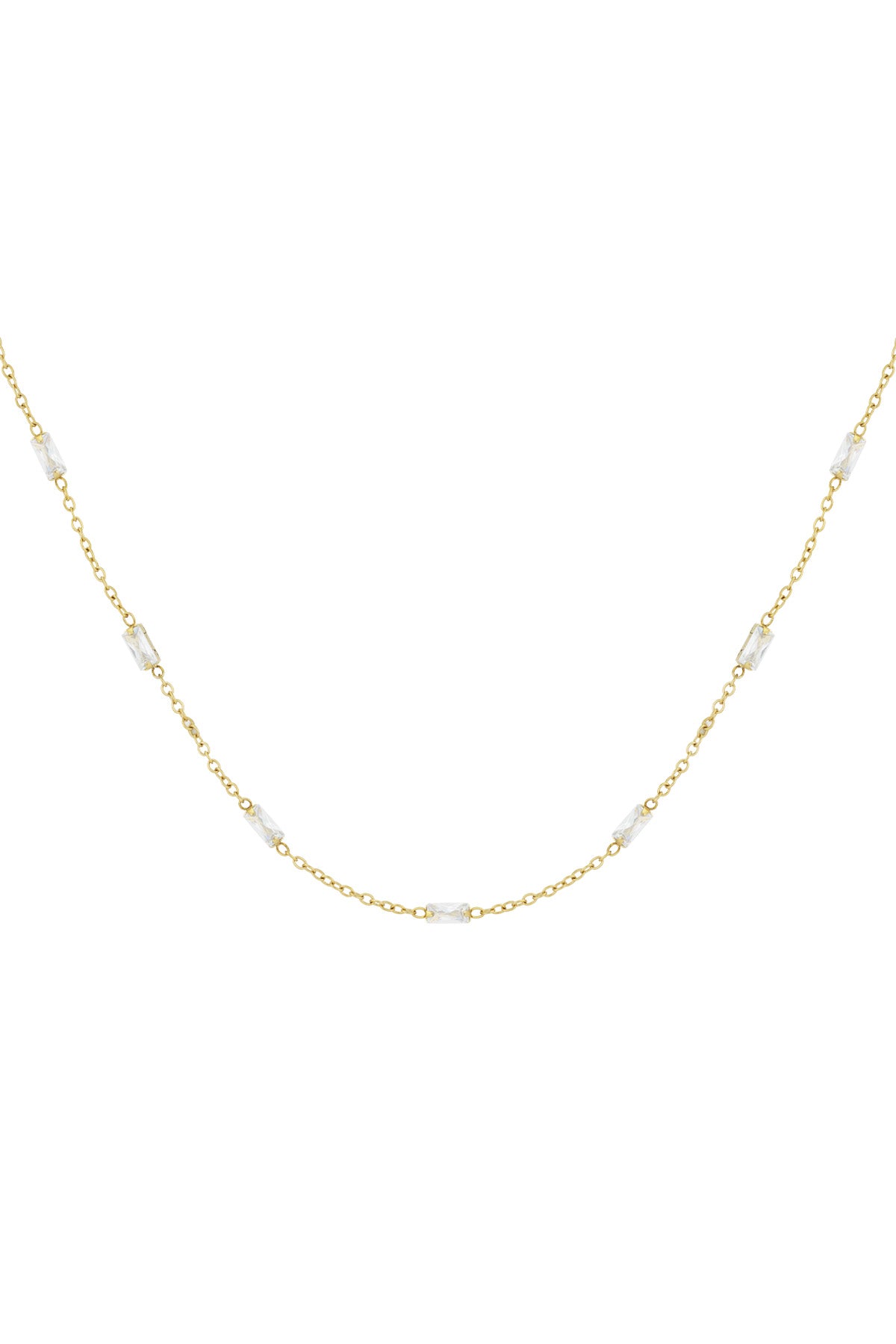 Close-up of delicate gold chain necklace adorned with evenly spaced rectangular clear crystals on white background