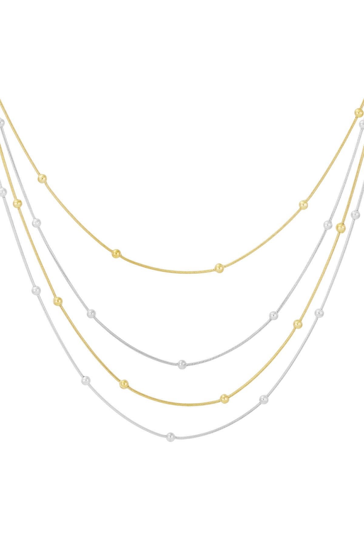 Mixed gold and silver four-strand layered beaded necklace on white background