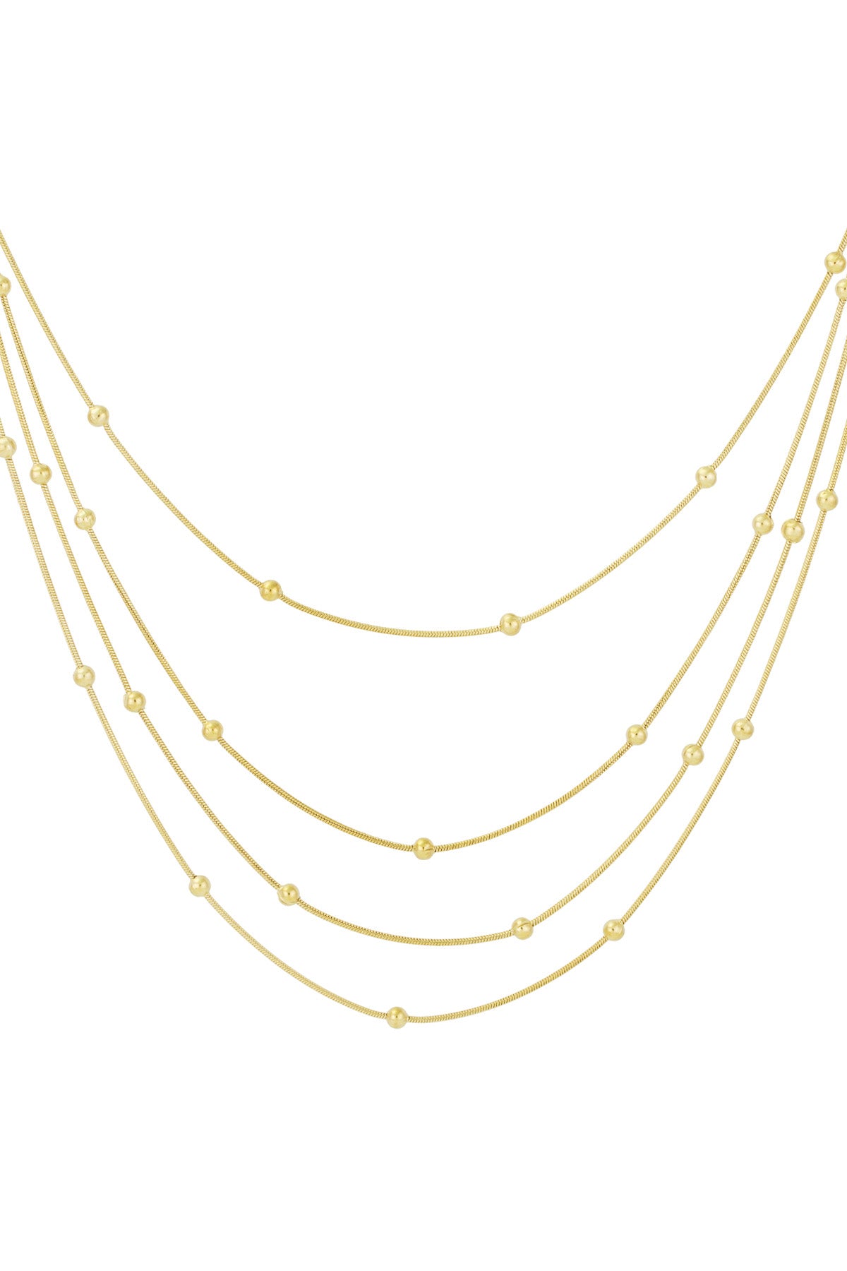 Close-up of gold layered necklace with evenly spaced beads on thin chains