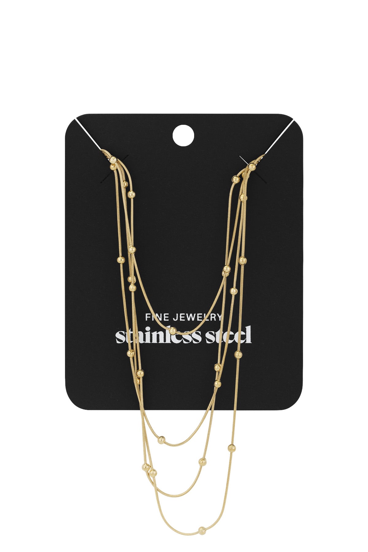 Layered gold beaded necklace displayed on black jewelry card labeled stainless steel