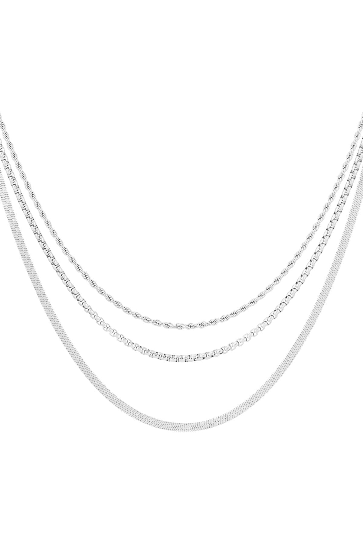 Three silver-tone layered chain necklaces display with distinct styles