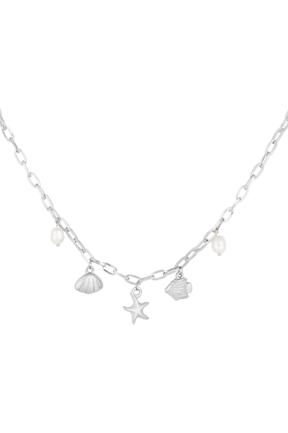 Silver chain necklace with beach-themed charms including starfish, shell, fish, and faux pearls on a white background