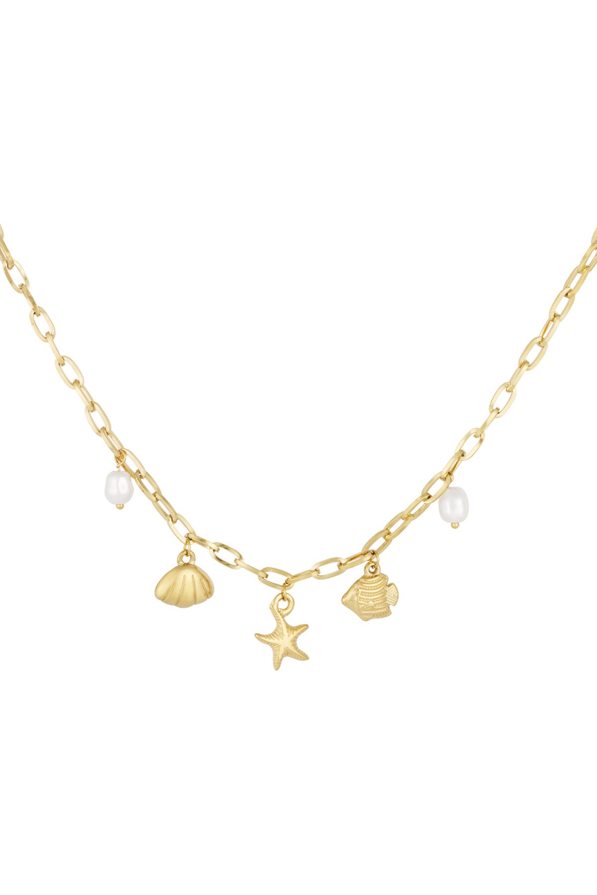 Gold chain necklace with beach-themed charms including starfish, shell, fish, and faux pearls on a white background