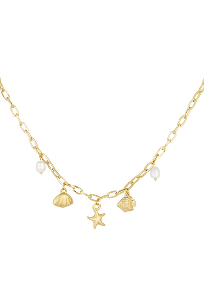 Gold chain necklace with beach-themed charms including starfish, shell, fish, and faux pearls on a white background