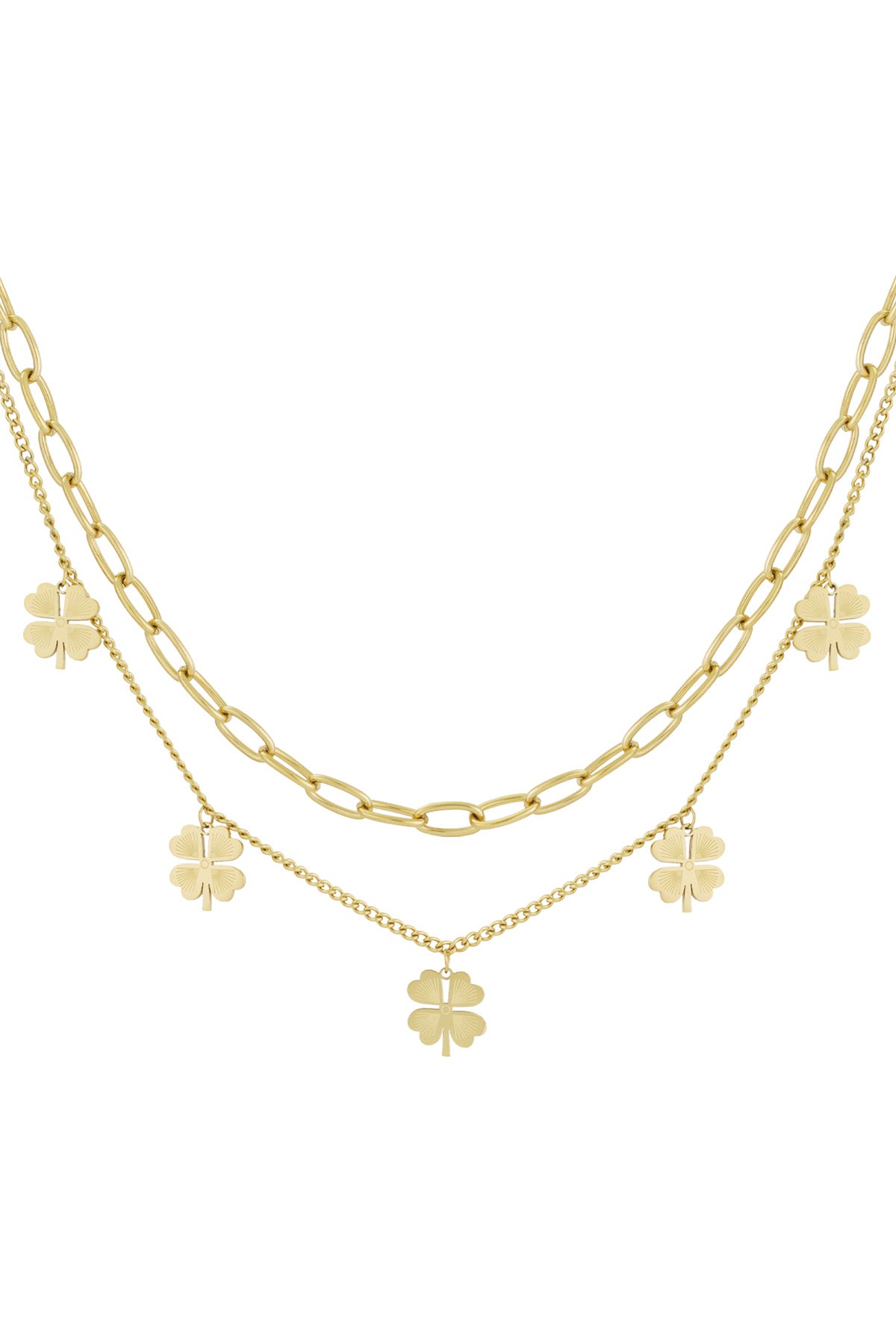 Gold toned double chain layered necklace with clover charms against white background