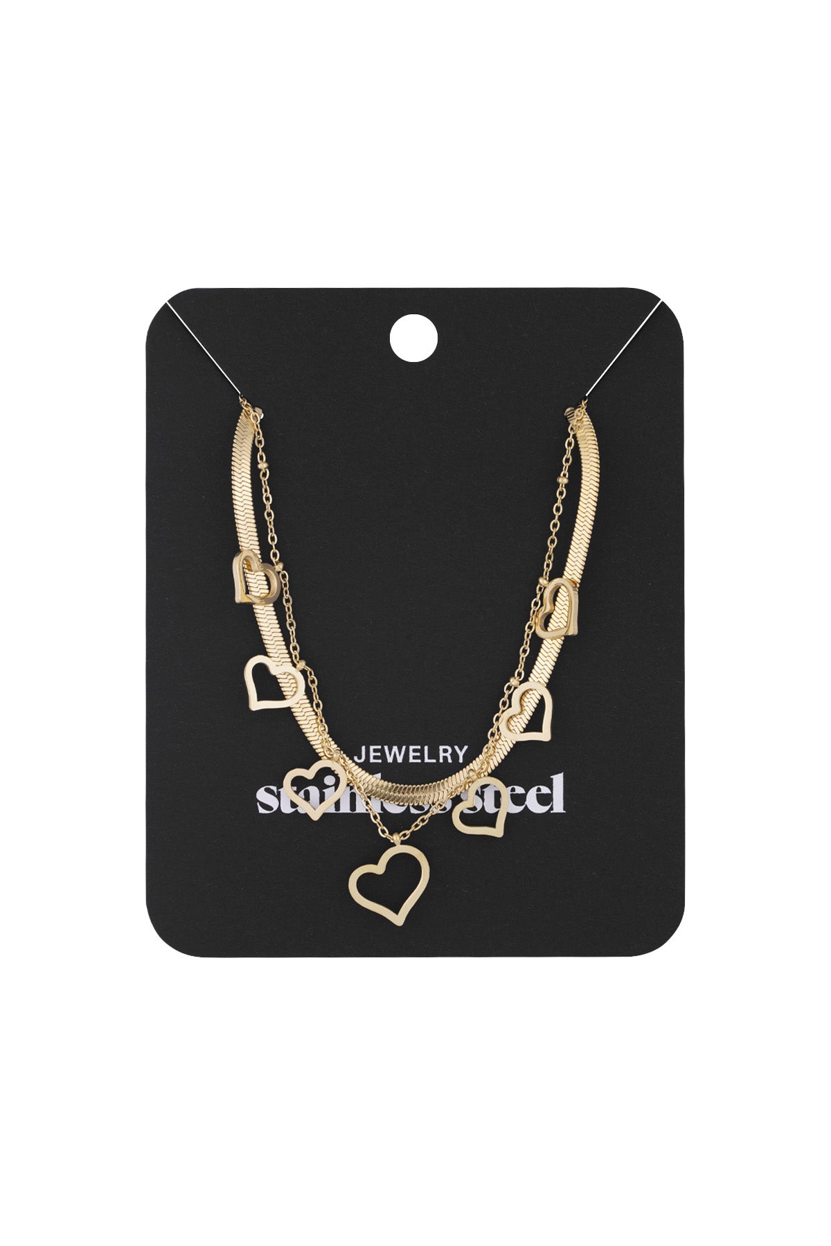 Gold layered necklace with multiple heart charms displayed on a black jewelry card labeled stainless steel