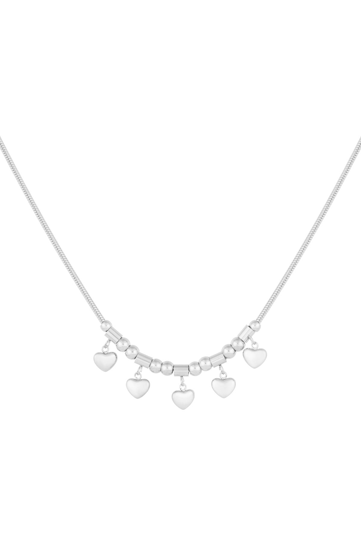 Silver-toned version of the heart charm necklace with five small heart pendants on a sleek chain against a white background
