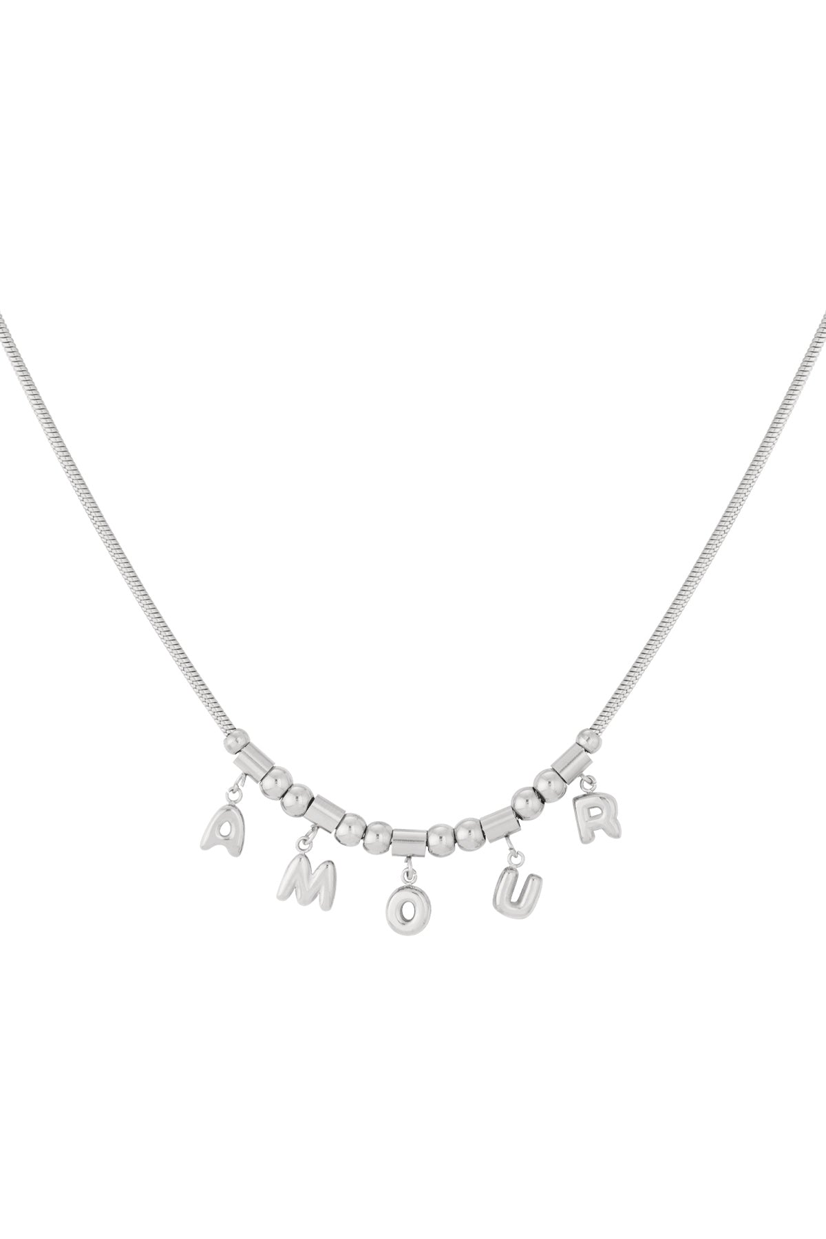Silver Amour pendant necklace with letters hanging on a delicate chain against white background
