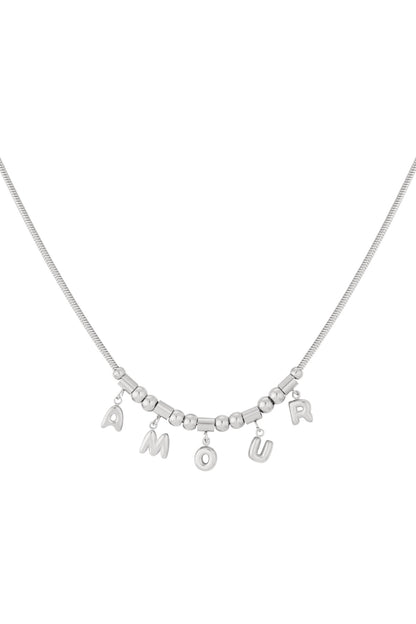Silver Amour pendant necklace with letters hanging on a delicate chain against white background