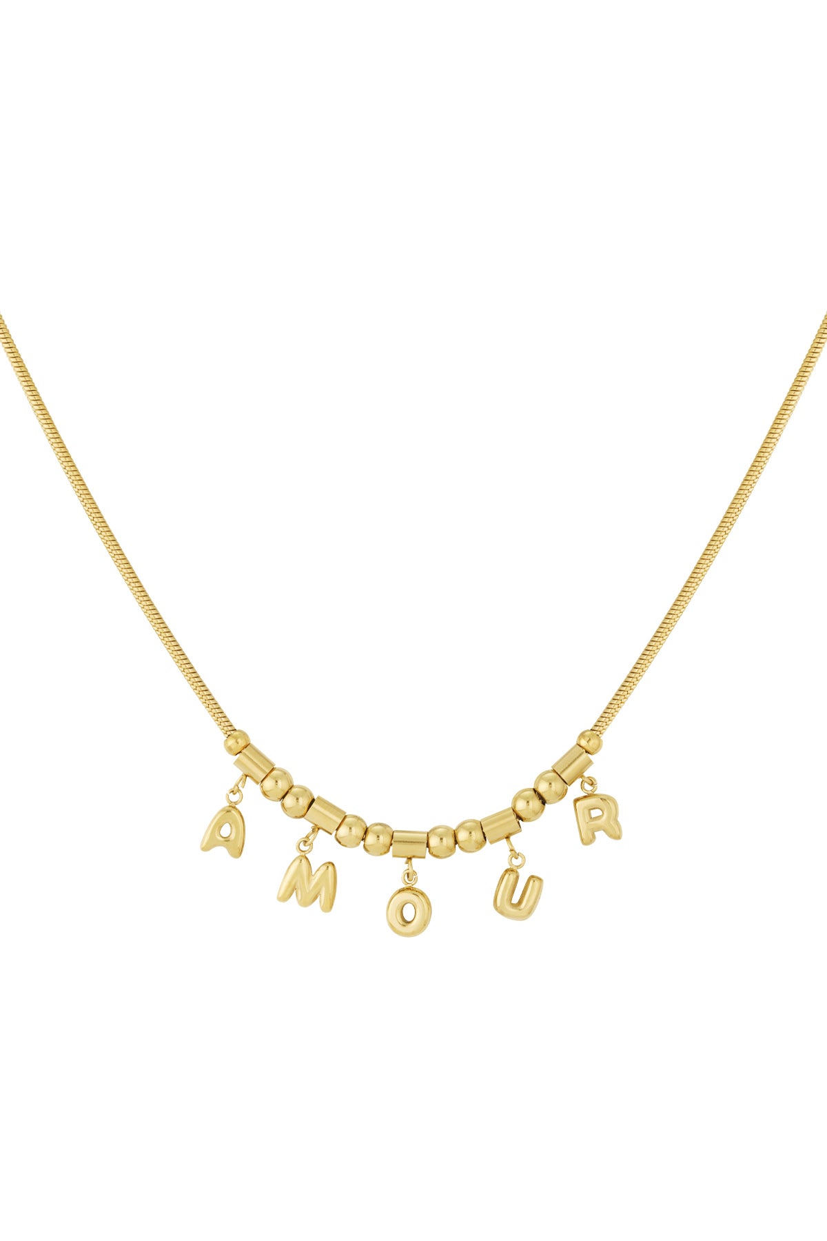 Gold Amour pendant necklace displayed solo on white background showing polished letter charms