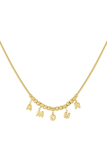 Gold Amour pendant necklace displayed solo on white background showing polished letter charms