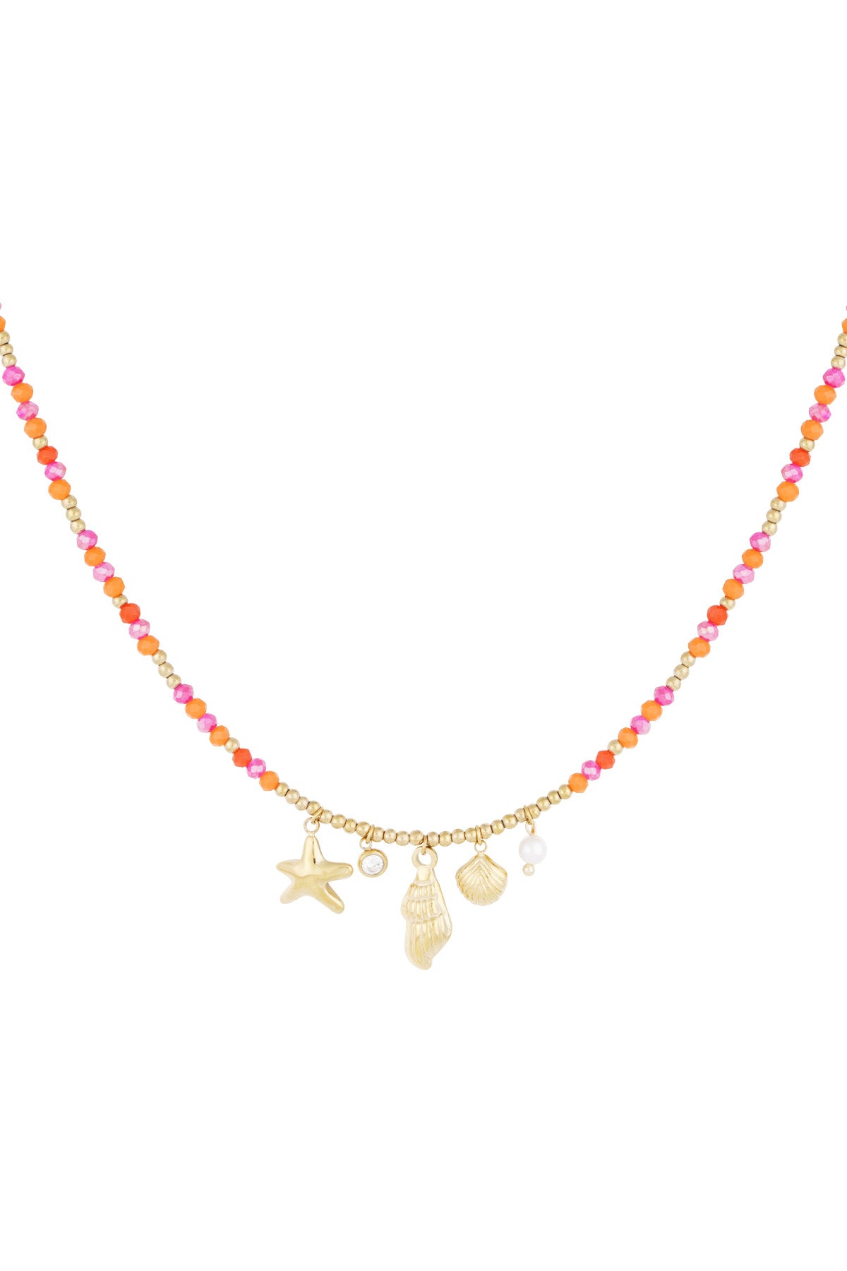 Colorful beaded necklace with gold starfish, shell, pearl, and crystal charms on white background