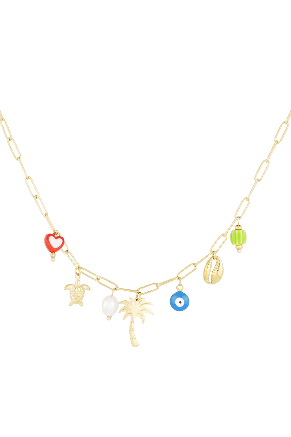 Gold-tone link necklace with eclectic colourful charms including a red heart, gold turtle, pearl, palm tree, blue eye, gold shell, and green bead on white background
