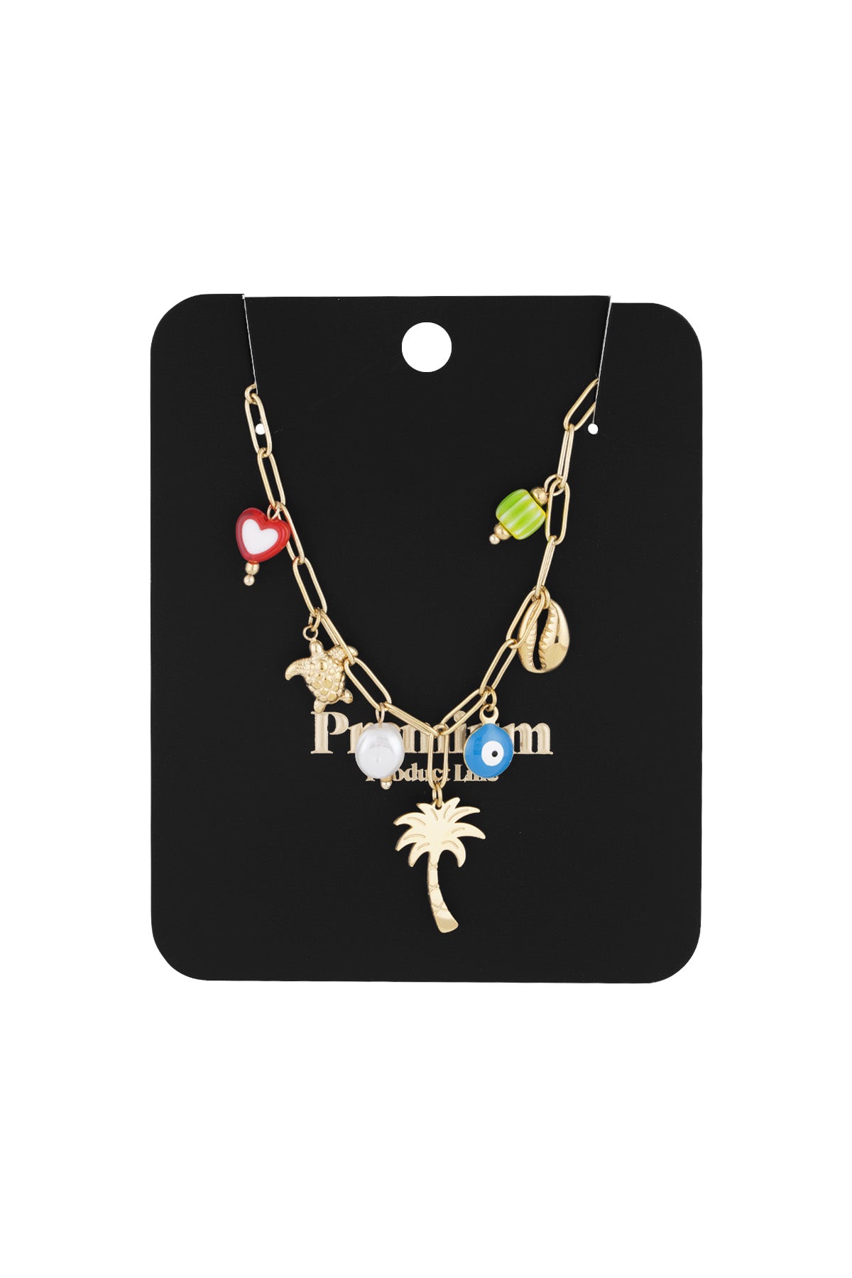 Gold-tone charm necklace displayed on a black product card highlighting each colourful charm in detail