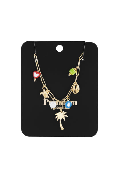 Gold-tone charm necklace displayed on a black product card highlighting each colourful charm in detail
