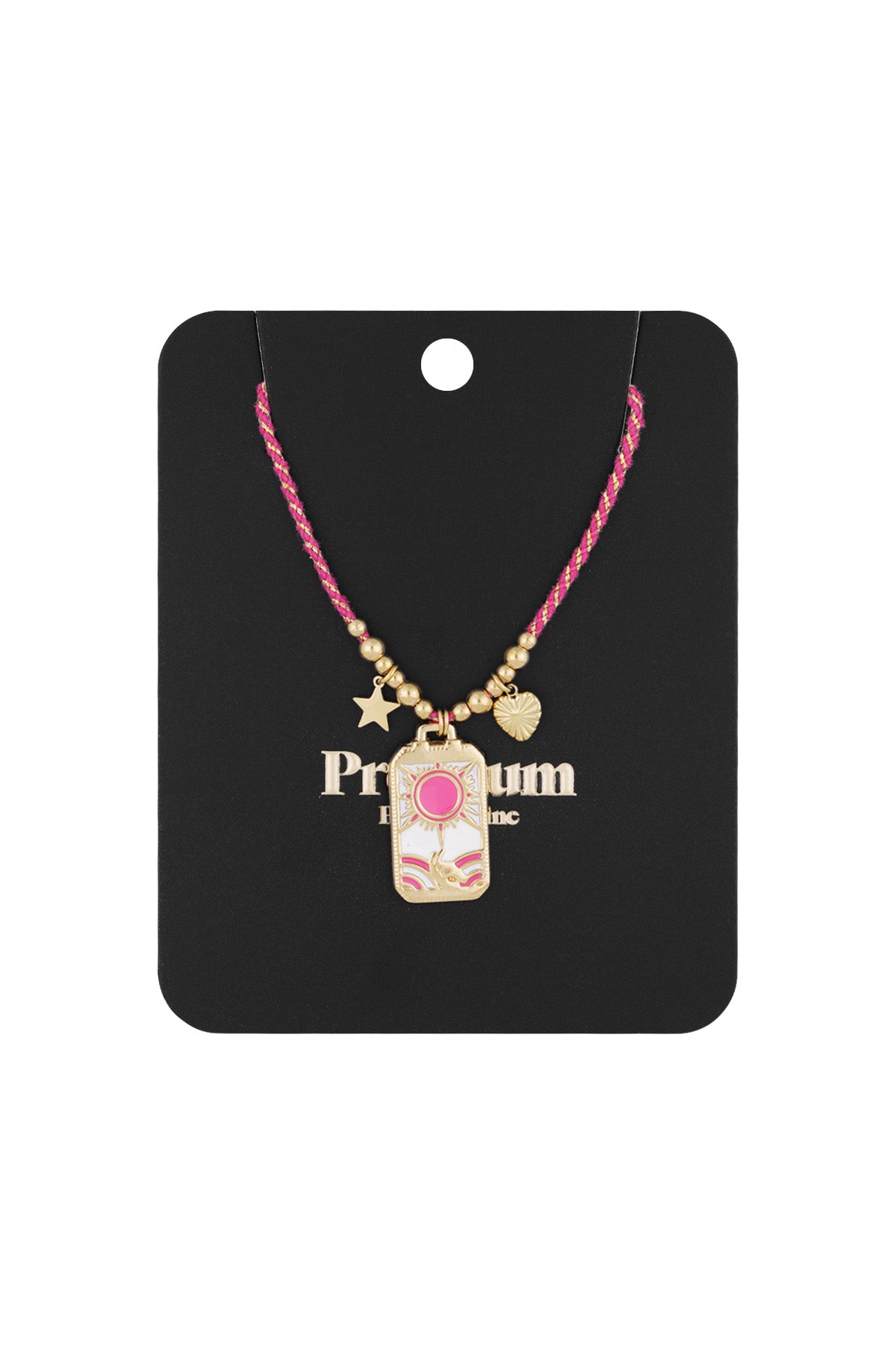 Solar charm necklace displayed on black boutique-style card, showing pink and gold braided cord with gold-tone pendants
