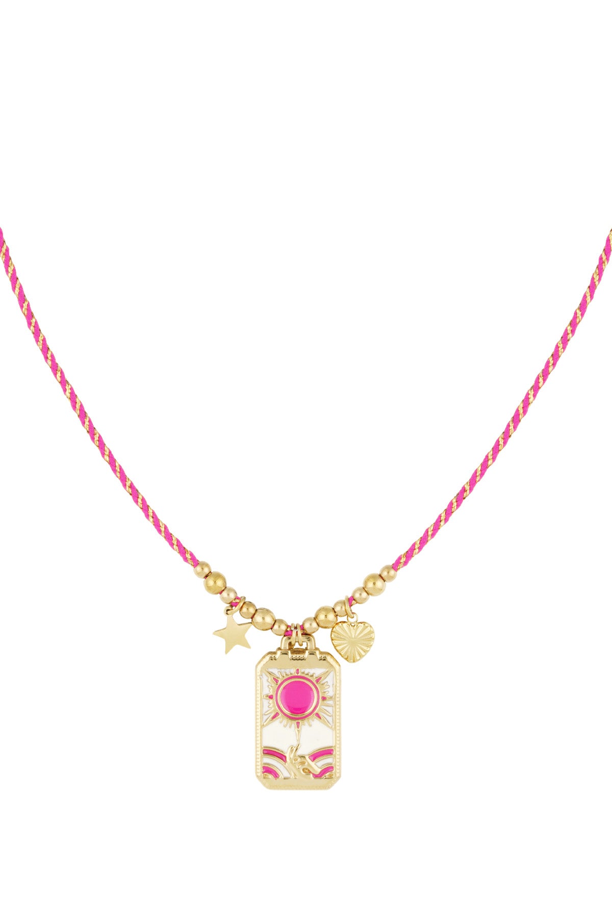 Solar charm necklace with pink and gold braided cord featuring a gold-tone sun, hand pendant, star and heart charms on white background
