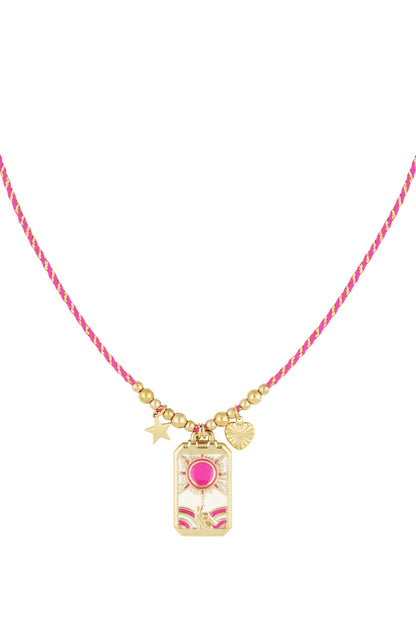 Solar charm necklace with pink and gold braided cord featuring a gold-tone sun, hand pendant, star and heart charms on white background